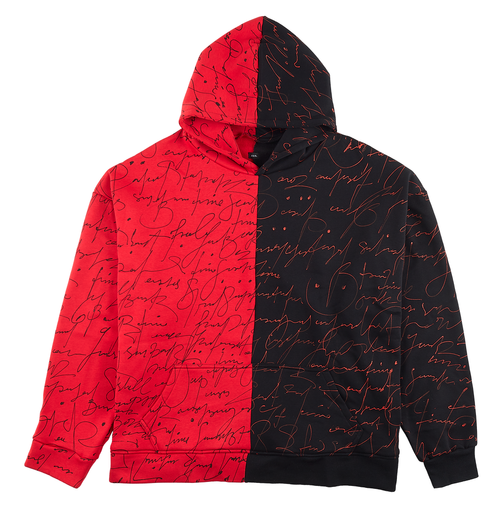 Half black discount half red hoodie